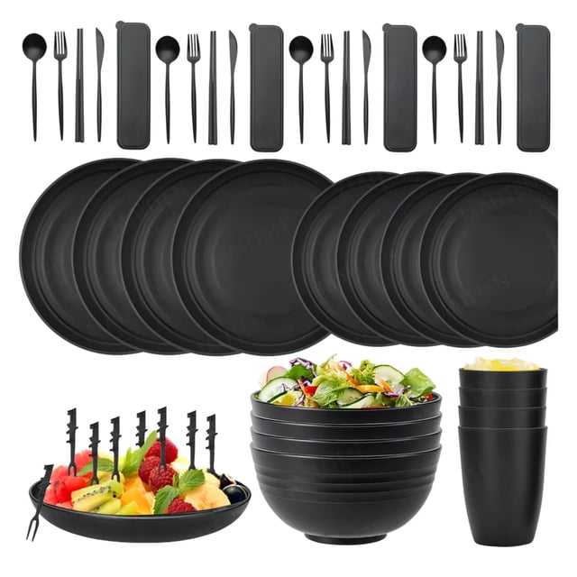48pcs Vajilla Juego Cocina Paja Trigo Plato Tazas Kit Modelo Negro
