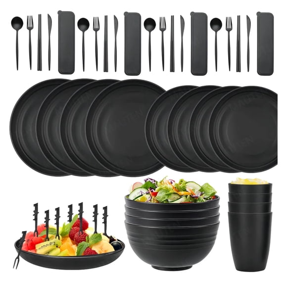 48pcs Vajilla Juego Cocina Paja Trigo Plato Tazas Kit Modelo Negro