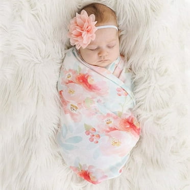 EIMELI 2 PCS Swaddle Blanket,Baby Girl Gifts, Baby Receiving Blankets and Headbands Set for Newborn Infant Baby Shower Wrap With Pink Rose