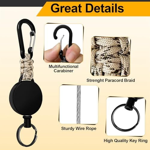 Retractable Keychain 4 Pieces Heavy Duty Carabiner Badge Holder Retractable Badge Reel ID Holder Extendable Key Ring Key Holder with 23.6” Steel Cord and Paracord(Black + Beige + Blue + Orange)