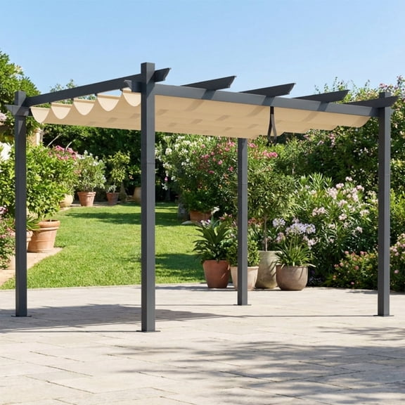 Biotree 10 x 12 Feet Outdoor Aluminum Retractable Pergola Canopy Shelter Grape Trellis Beige - Sun Shade Patio Cover with Adjustable Sliding Roof