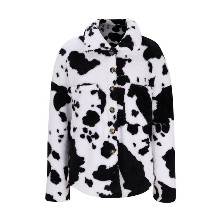 Aboser Womens Faux Fur Jackets Fashion Cow Print Coats Fluffy Plush Sherpa Jacket Outerwear Casual Button Down Coat Fuzzy Fleece Jackets with Pockets Black S Walmart