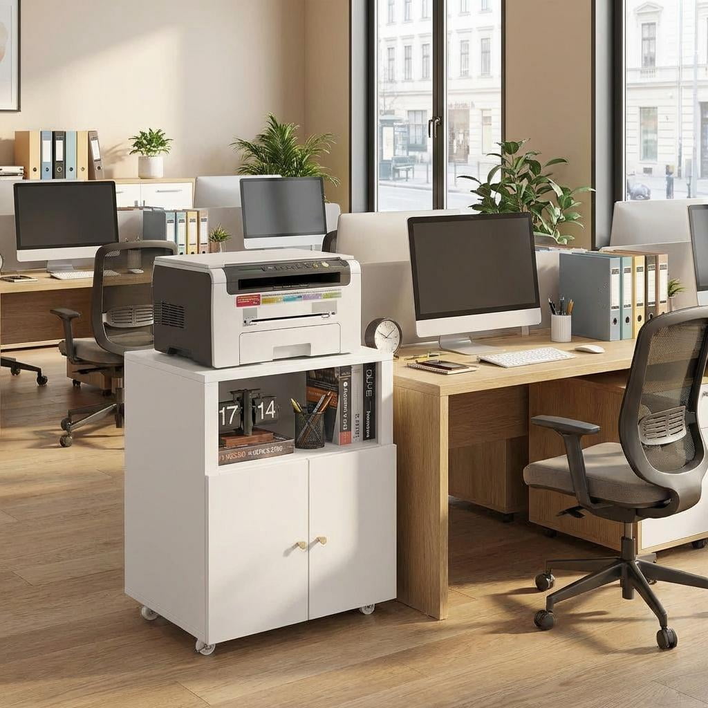 Metal Printer Cabinet with Storage, Heavy Duty Rolling 3D Printer Stand with 2 Doors, Under Desk File Cabinet for Home Office Corner and Small Spaces, White