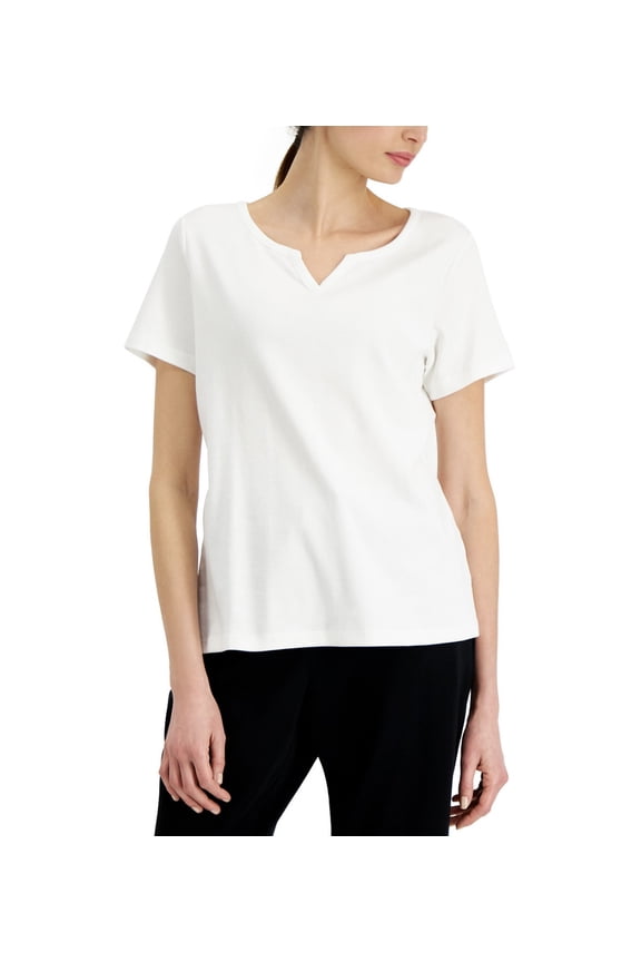Women's Short Sleeve Cotton Split-Neck Top Bright White Size S