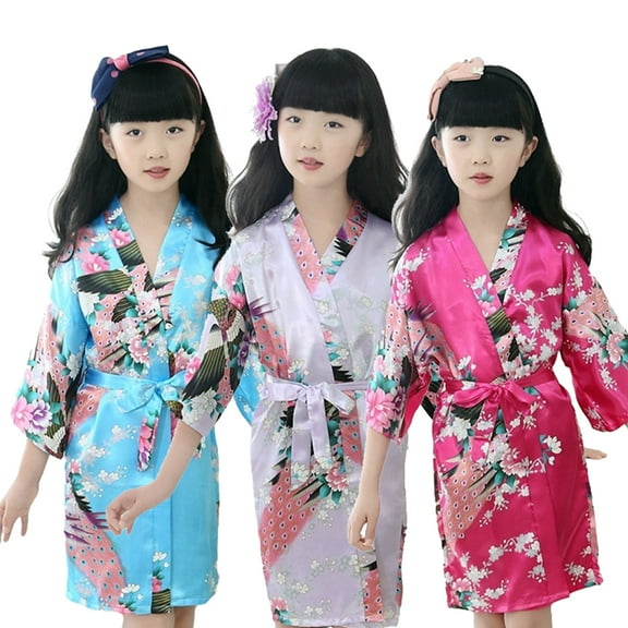 KYAIGUO Kids Toddler Teen Girls Robes Bathrobe Baby Sleepwear Bathrobe Silk Satin Floral Little Big Girls Pajamas Kids Nightwear for 1-13Y