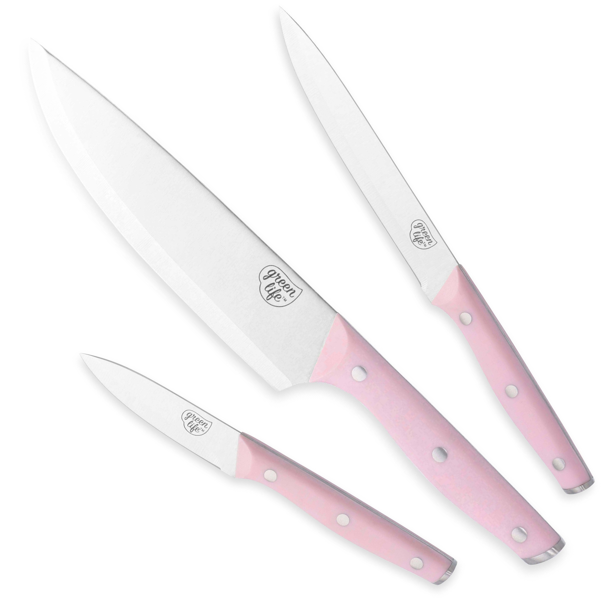 GreenLife Cutlery Stainless Steel Knife Set, 3 Piece, Pink