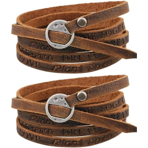 2PCS Cowhide Leather Wrap Bracelets Wristbands Cuff Vintage Adjustable Genuine Leather Boho Layered Bracelet Western Brown Stackable Straps Arm Armor with Alloy Toggle Clasp for Men Women