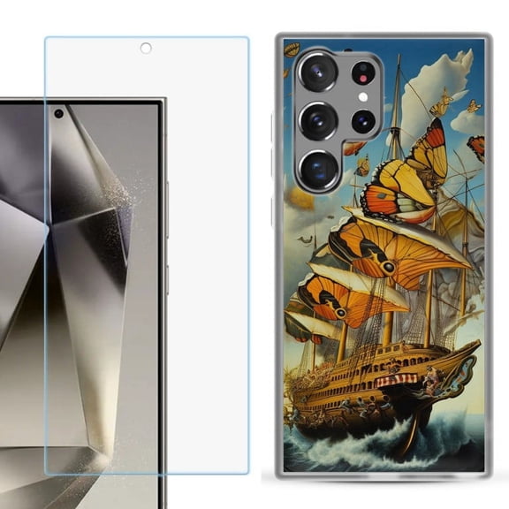 OneToughShield ® Compatible with Samsung Galaxy S24 Ultra, Shockproof Phone Case, with Tempered Glass Screen Protector - Butterfly Ship