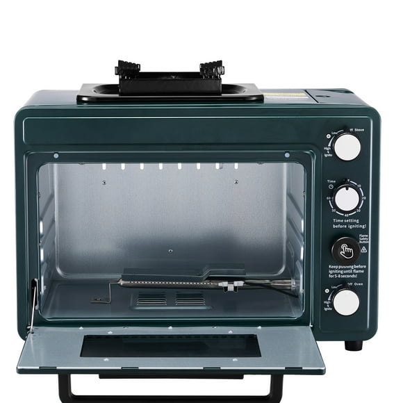 KFFKFF Outdoor Oven, 2-in-1 Portable Gas Camping Stove Oven Combo, Adjustable Fire, 60-Minute Timer, Windproof, with Grill Shelf and Roasting Tray