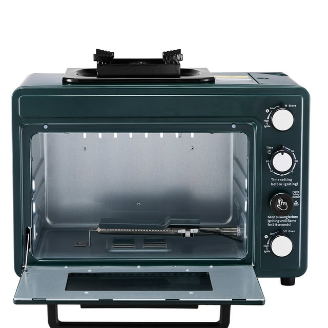 KFFKFF Four d'Extérieur, Cuisinière de Camping au Gaz Portable 2-en-1 Combinée, Foyer Réglable, Minuterie de 60 Minutes, Coupe-Vent, avec Tablette pour Gril et Plateau de Rôtissage