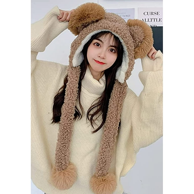 Danceemangoo Women Kawaii Pom Poms Faux Fur Bear Ear Fleece Knit Hat, Japanese Cute Warm Sherpa Scarf Neck Beanie Hat Winter Fall, Adult Unisex, Size