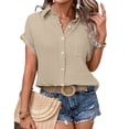 thumbnail image 2 of Inglocry Cotton Linen Gauze Shirts for Women Loose Fit Button Down Blouses Casual Summer Textured Collared Crinkle Seersucker Tops Beige 2XL, 2 of 6