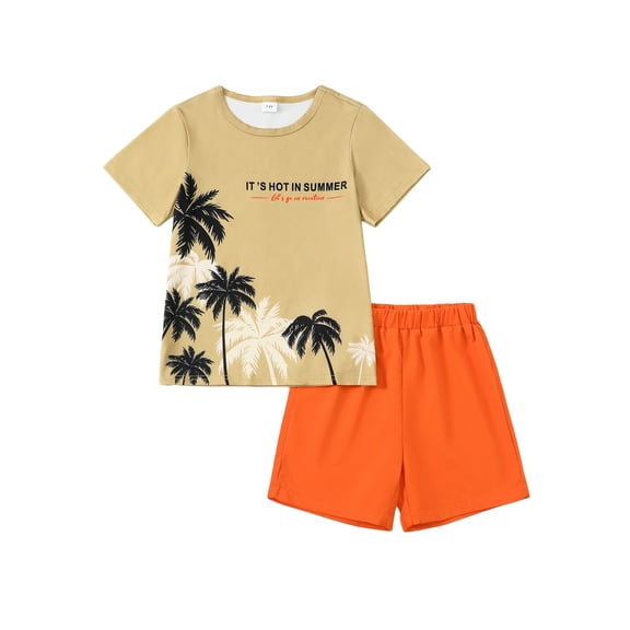 KIMI BEAR 13 Years Big Boys Outfits 14 Years Teen Summer Clothes Sets Short Sleeves Coconut Print T-shirt Top Solid Color Shorts Set 2pcs Clothing Orange