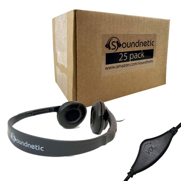 Soundnetic SNCCV Bulk Classroom Headphones 25 Pack – Stereo Headphones with Leatherette Earpads & Volume Control, Black – Ideal for Schools