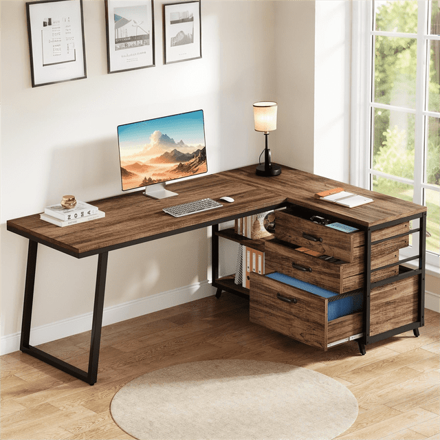 Fnova 53.15" L-shaped Computer Desk with 3 Drawers, Wood Tabletop, Metal Frame Office Desk, Brown