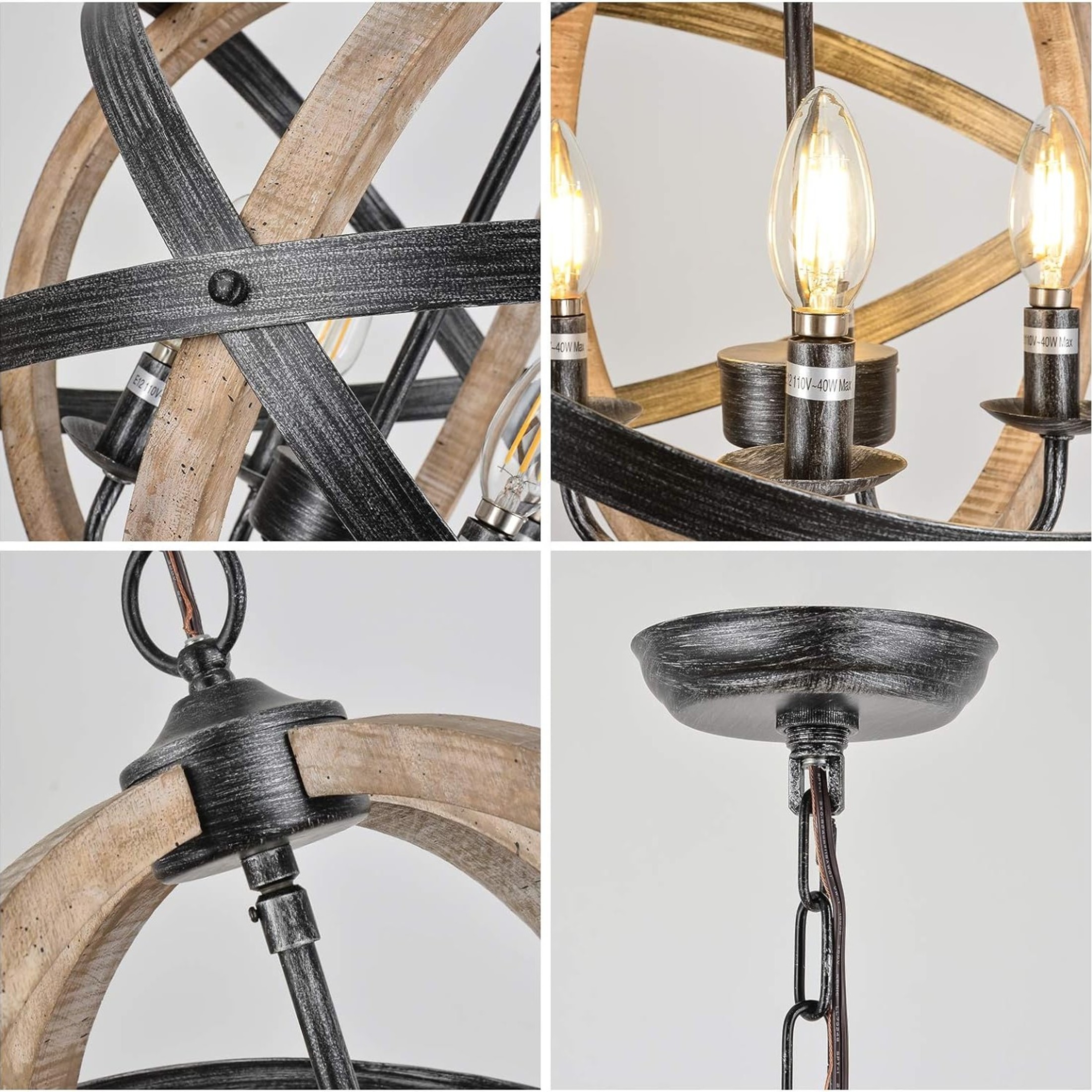Noble House 4-Light Farmhouse Wood Orb Chandelier, Rustic Sphere Dining Room Pendant, Height Adjustable, Wood
