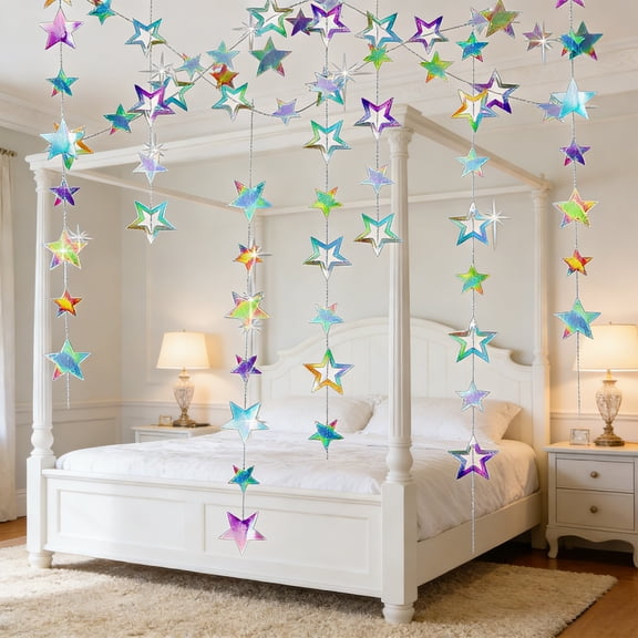Colorful Glitter Star Hanging Decorations | 200cm & 400cm Streamers for Ceiling | Party Decor for Birthday Wedding Christmas | 1 Ribbon Included