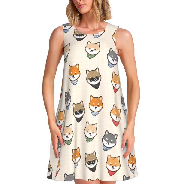 Disketp Shiba Head Face para Vestido sin Mangas para Mujeres, Vestidos de Verano para Mujeres, Casual y Holgado para la Playa