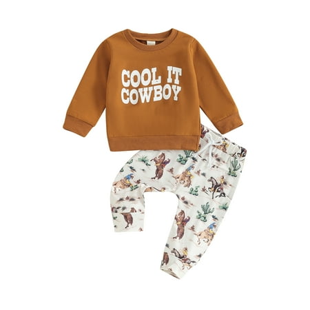 

Western Baby Boy Clothes Long Sleeve Cow Print Sweatshirt Crewneck Top Jogger Pants 2PCS Fall Winter Outfit