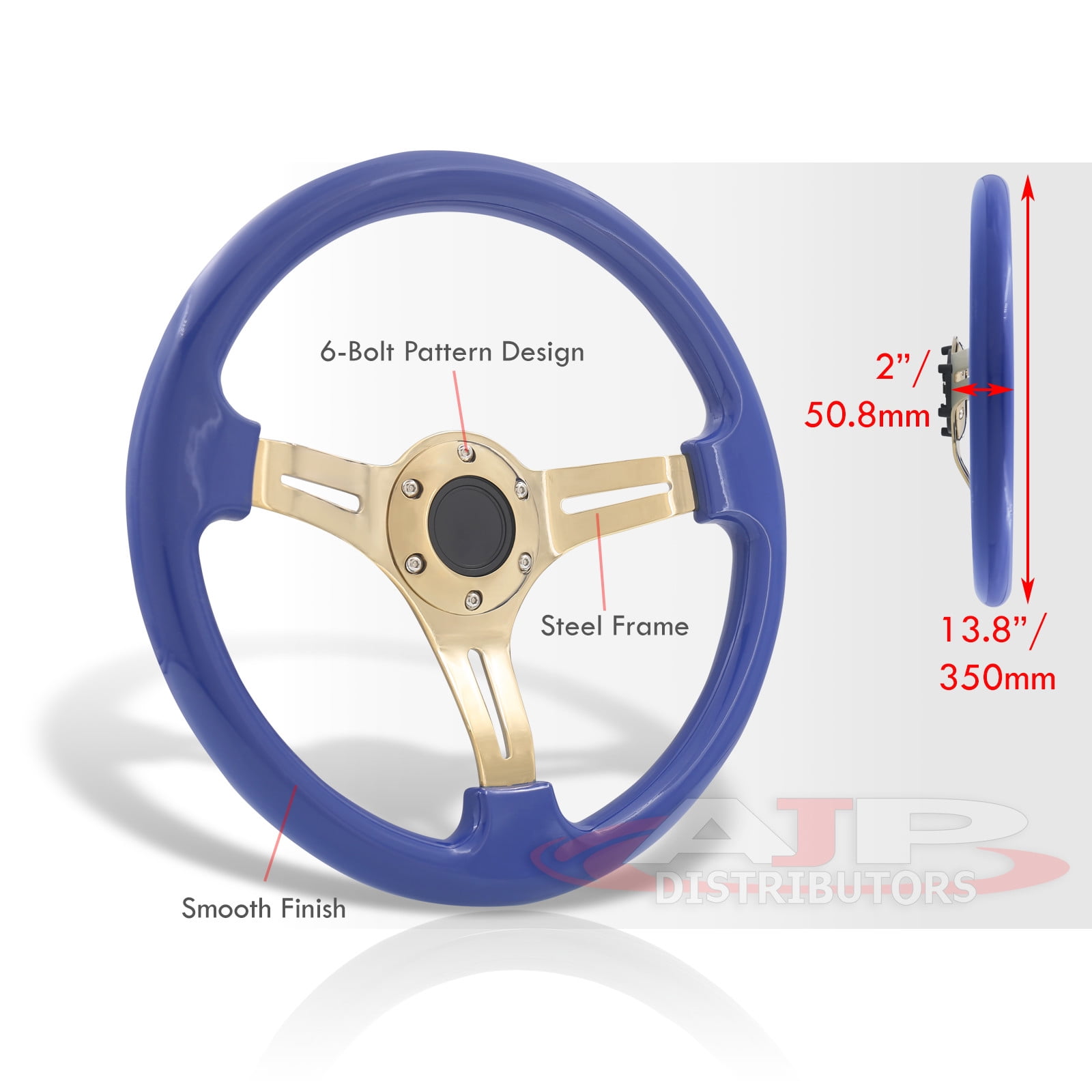 AJP Distributors Universal 350mm 14" 6 Bolts Holes Heavy Duty Steel Light Weight Blue Deep Dish Steering Wheel Horn Button Grip JDM Stance Sport Drifting 3 Spokes Gold Center
