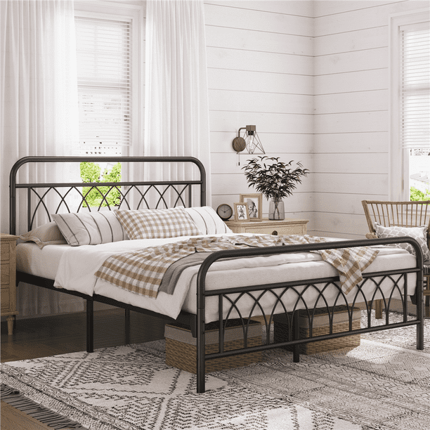 Topeakmart Metal Platform Bed Frame with Petal Accented Headboard and
