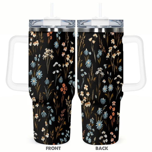 40oz Wildflower Floral Travel Tumbler with Handle and Straw Lid Black Botanical Insulated Car Cup Gift for Women