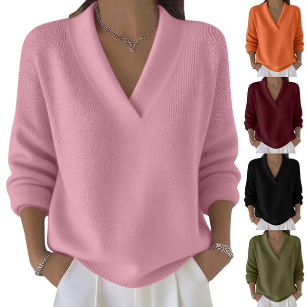 Cadancy Suéter Tops para Mujer Cuello en V Manga Larga Jersey Elegante Casual Suéteres de Punto Más Tamaño Suelto Color Sólido Acogedor Moda Otoño Invierno Ropa,Pink,L