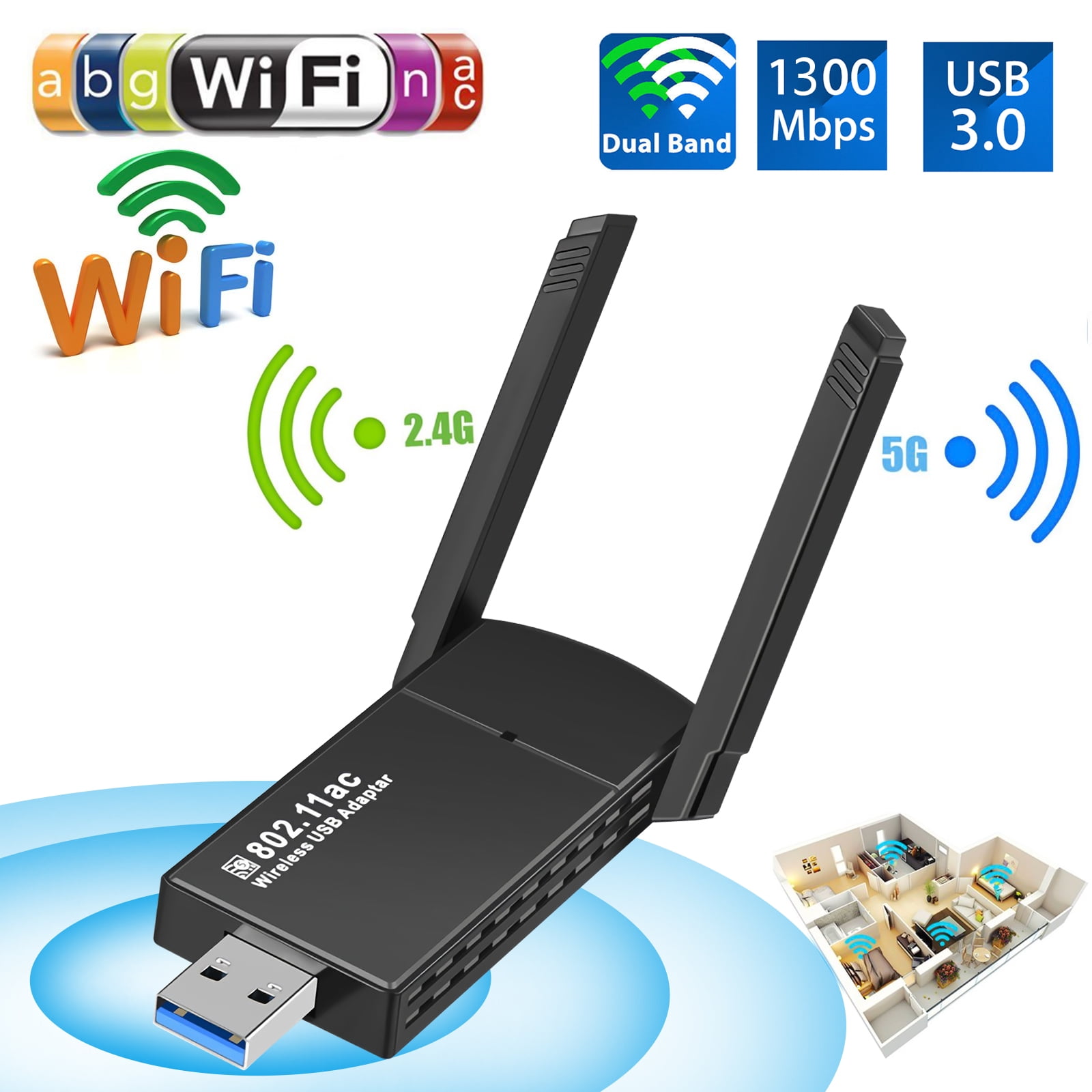 TSV AC1300 USB WiFi Adapter for PC, Wireless Network Adapter for Desktop with Band 2.4G/5G High Gain Antenna, USB3.0 WiFi Dongle Supports Windows 11/10/8.1/8/7/XP, 10.9-10.14 - Walmart.com