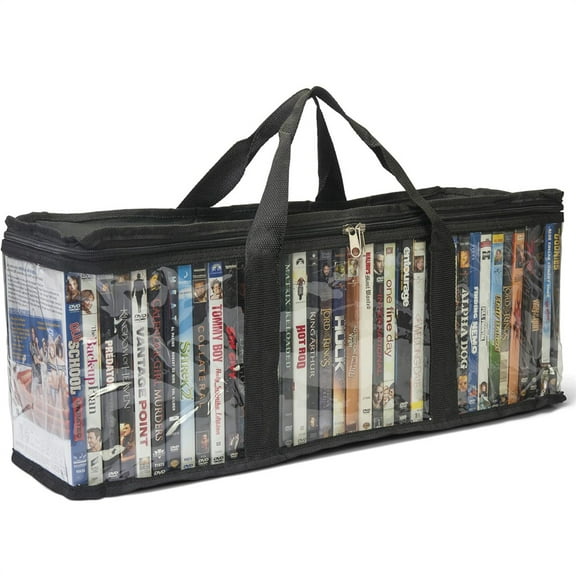 NOGIS DVD Storage Bag - Clear Plastic Organizer,Triple-Stitched Handles, Dividers - Stackable, Space-Saving, Fits 40 DVD Cases - Container for Movie Discs, Video Games, VHS Tapes (Black)