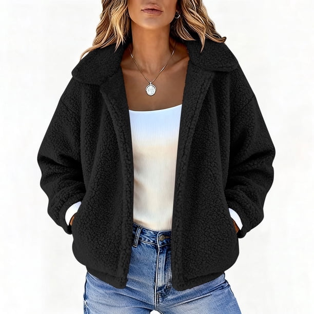 HongQid Women's Coat Casual Lapel Fleece Fuzzy Faux Shearling Zipper Coats Warm Winter Cropped Outwear Jackets