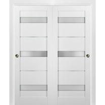 Sliding Closet Bypass Doors 64 x 84 with hardware | Quadro 4055 White Silk with Frosted Opaque Glass | Sturdy Top Mount Rails Moldings Trims Set | Kitchen Lite Wooden Solid Bedroom Wardrobe Doors