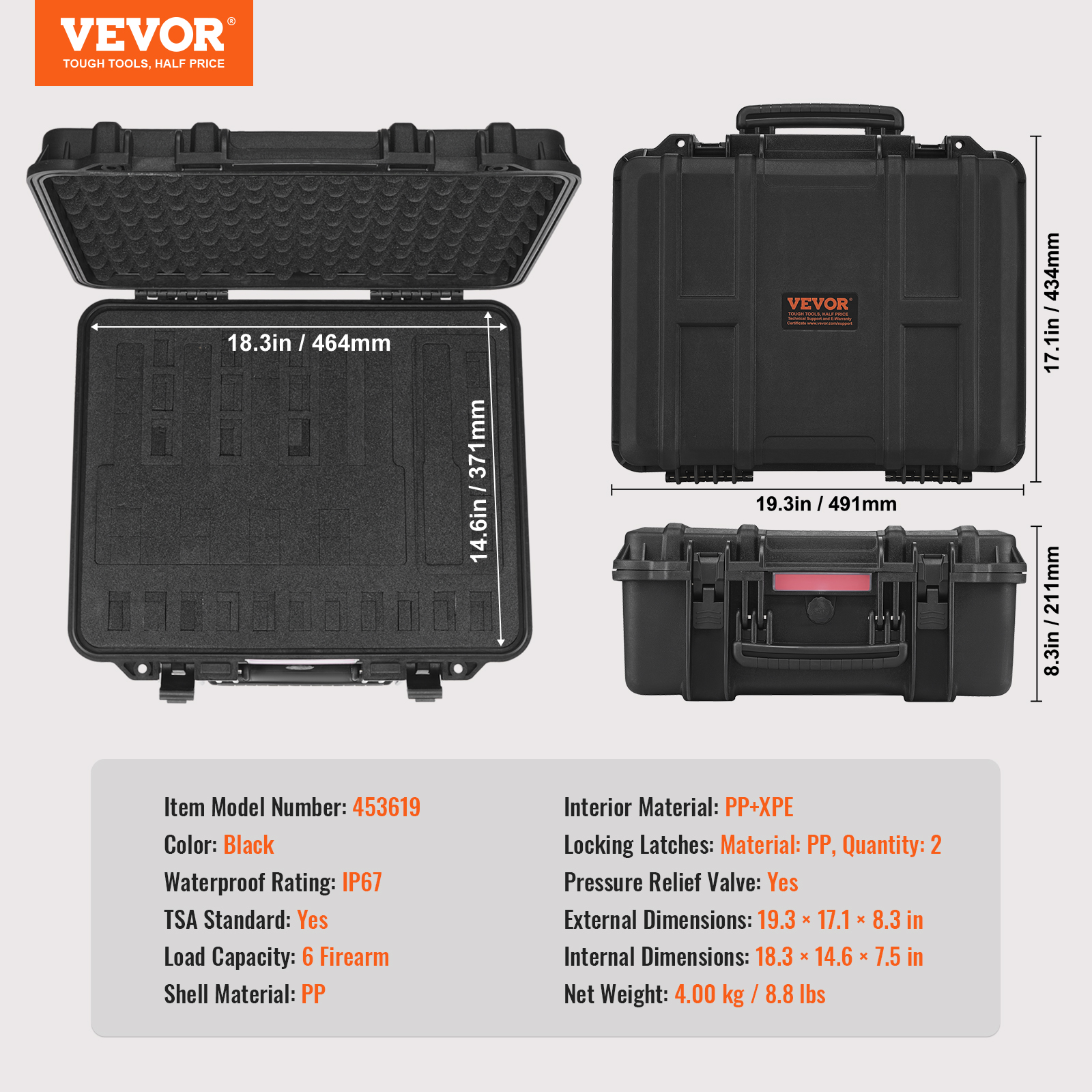 VEVOR Hard Pistol Cases with Pre-cut Lining, Waterproof & Dustproof Hard Gun Case for 6 Pistol, 19.3×17.1×8.3 in Lockable Pistol Case, Black