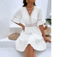 thumbnail image 4 of UTSJKR Womens Beach Dress Lace Hollowed Solid V Neck Smocked Waist Pleated Flowy A Line Swing Dress Summer Basic Bell Sleeve Short Sleeve Sundress 2024 Fashion White L, 4 of 5