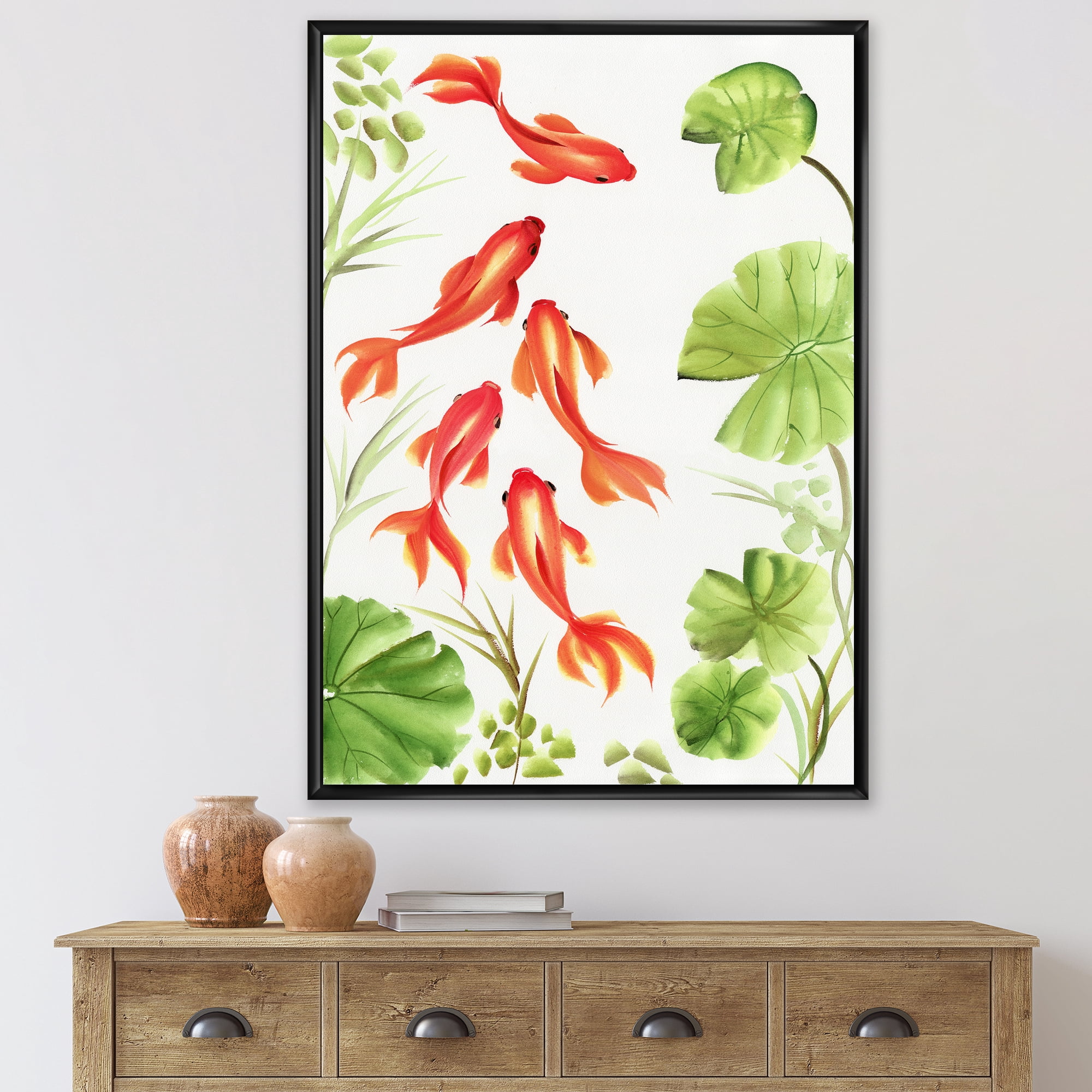 Ancient Goldfishes Among The Lotus Leaves 12 in x 20 in Framed Painting Canvas Art Print, by Designart