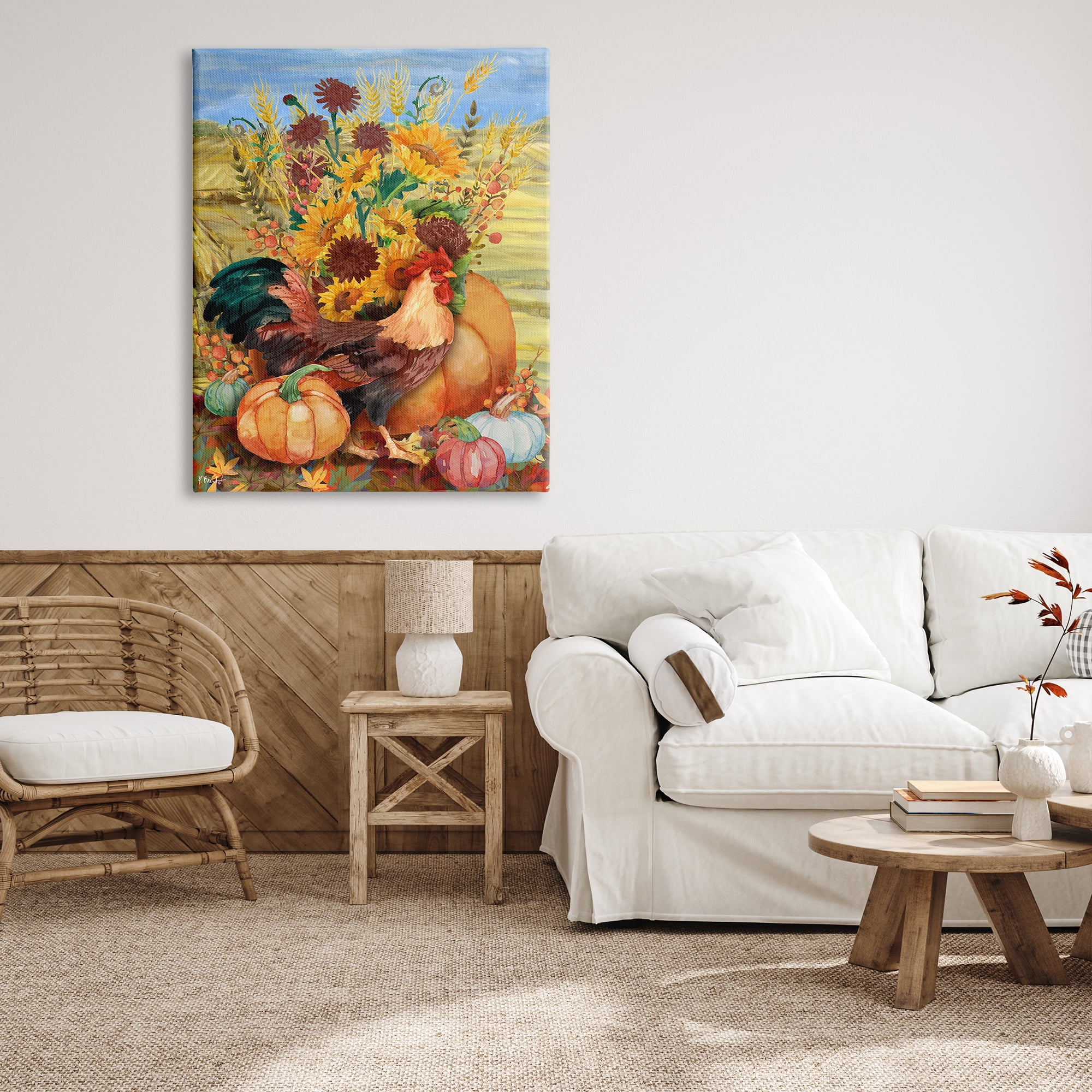 Stupell Industries Autumnal Rooster & Sunflowers Animals & Insects Painting Gallery Wrapped Canvas Art Print Wall Art, 36 x 48