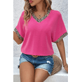 thumbnail image 3 of Women's Bright Pink Leopard Patchwork V Neck T-Shirt - Trendy Casual Style | [ZhiHiMeRi] | (US 12-14)L, 3 of 7