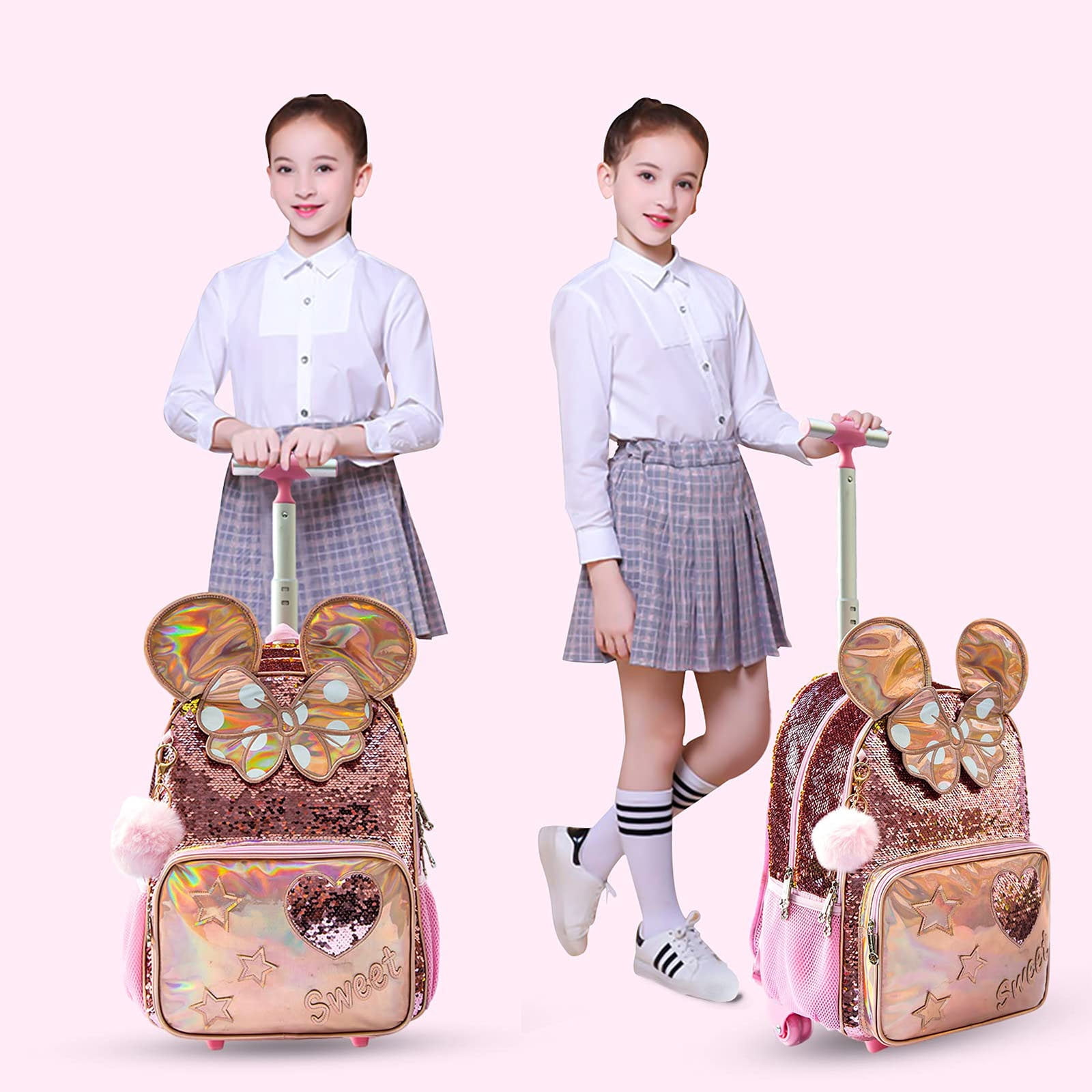 lvyH Women Girls 3 in 1 Pink Sequins School Rolling Backpack Student With Lunch Pencil Bag Crossbody Durable Bookbag Daypack Travel Outdoor