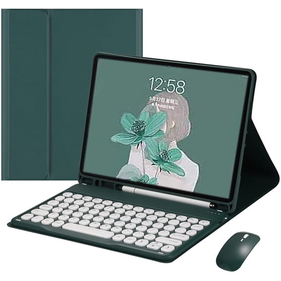 Keyboard Case for iPad A16 2025 (11th Gen, 11"/ iPad 10th Generation 2022 10.9 inch Case with Mouse Detachable Color Keyboard Retro Round Key Caps Cute Candy Colors,DarkGreen