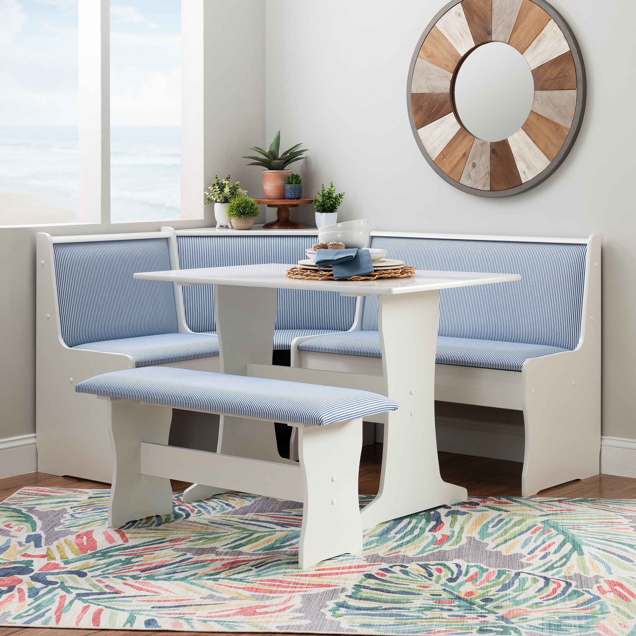 Linon Stella Corner Dining Breakfast Nook with Storage, Table and Bench, Seats 5, White with White and Striped Blue Fabric - image 2 of 28