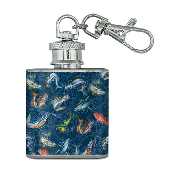 Salt Water Game Fish Fishing Ocean Compass Stainless Steel 1oz Mini Flask Key Chain