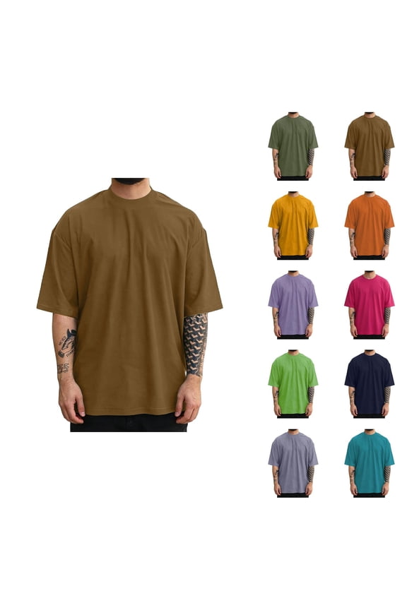 Mens Oversized T Shirt Summer Fashion Casual Solid Crew Neck Drop Shoulder Elbow Sleeve Mens T-Shirts