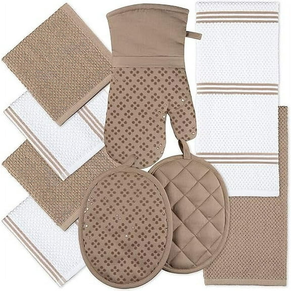 Sticky Toffee 9-Piece Set 100% Cotton Oven Dish Mittens & Potholder - Perfect Cooking Gift