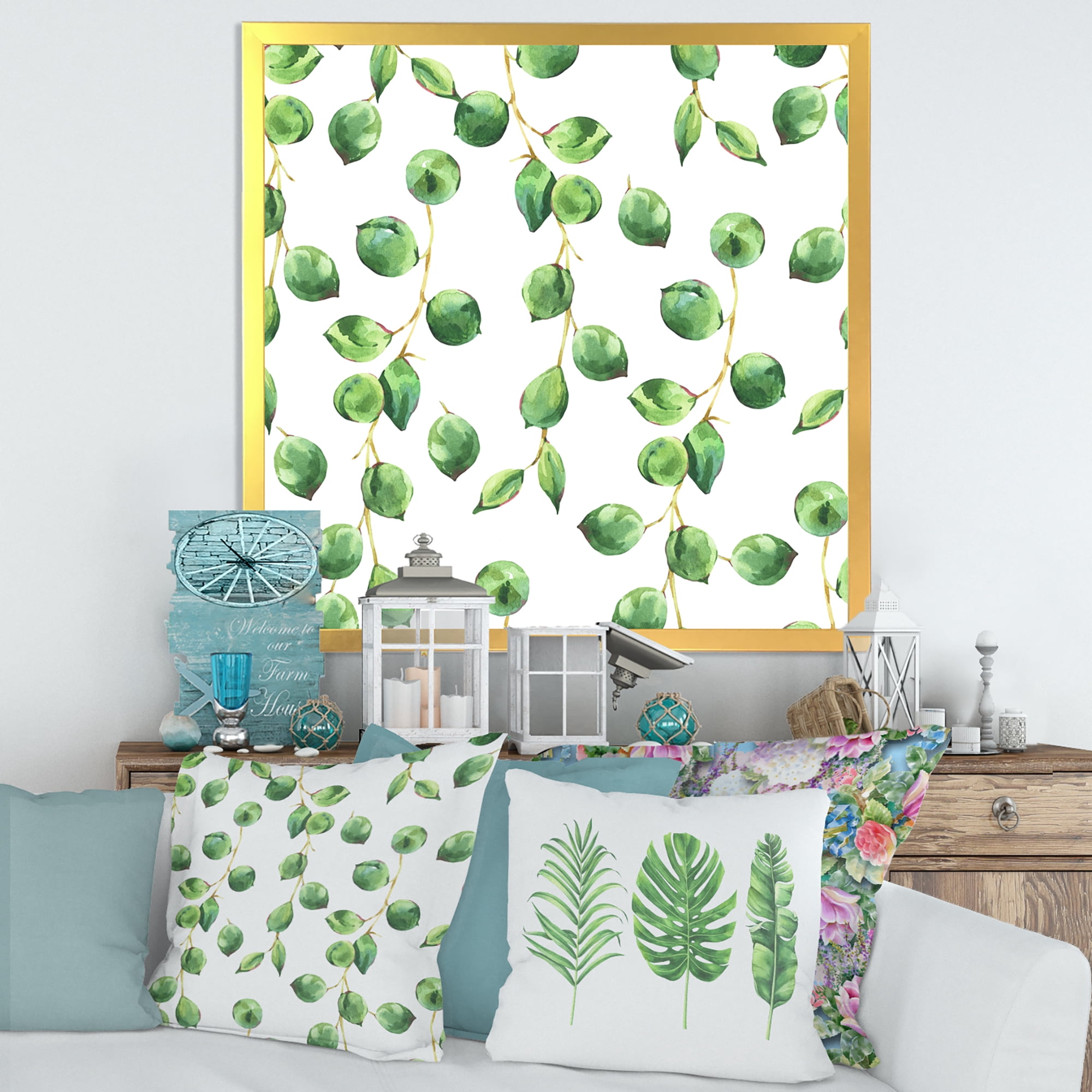 Designart 'Tropical Green Leaves Patern On White' Tropical Framed Art Print