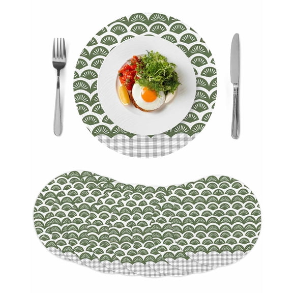 Sage Green Pine Leaves Round 15 Inch Placemats Set of 8, Abstract Art Geometric Gray Plaid HeatResistant Non Slip Place Mats for Dining Table, Wipeable Braided Kitchen Table Mats for Housewarming