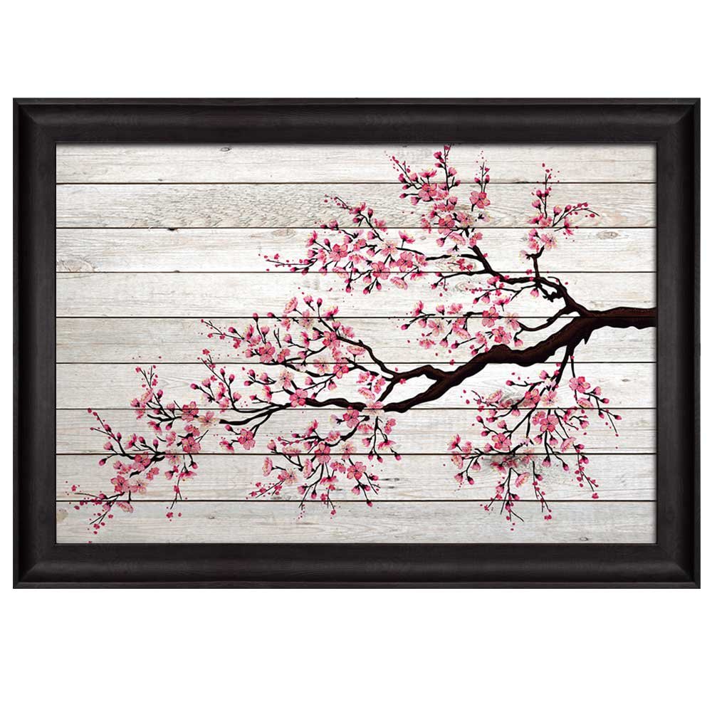 wall26 Illustration of a Cherry Blossom Branch on White Wooden Panels
