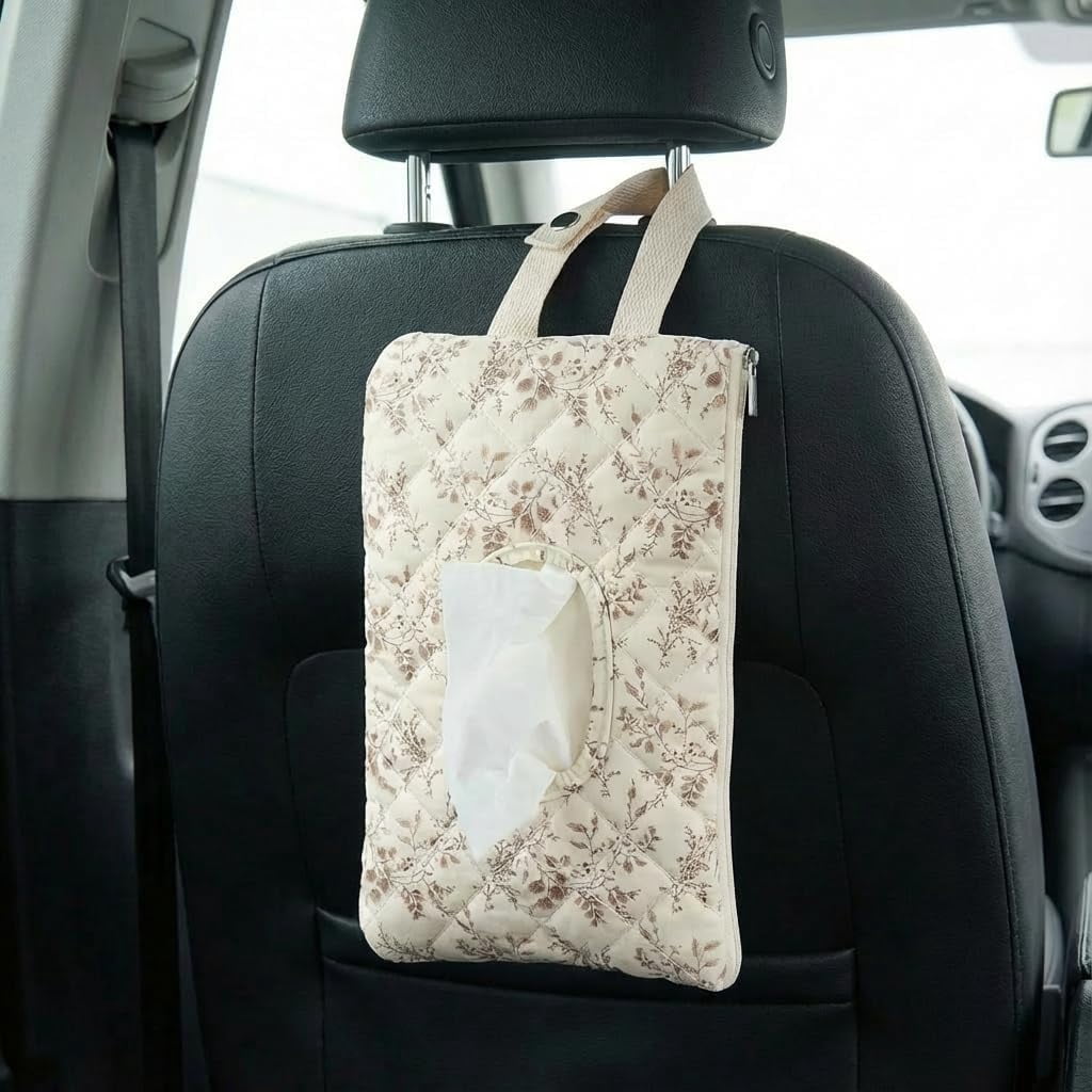 Quilted Diaper Wipes Pouch Reusable Zipper Lanyard Hanging Case for Travel Car StrollerBeige