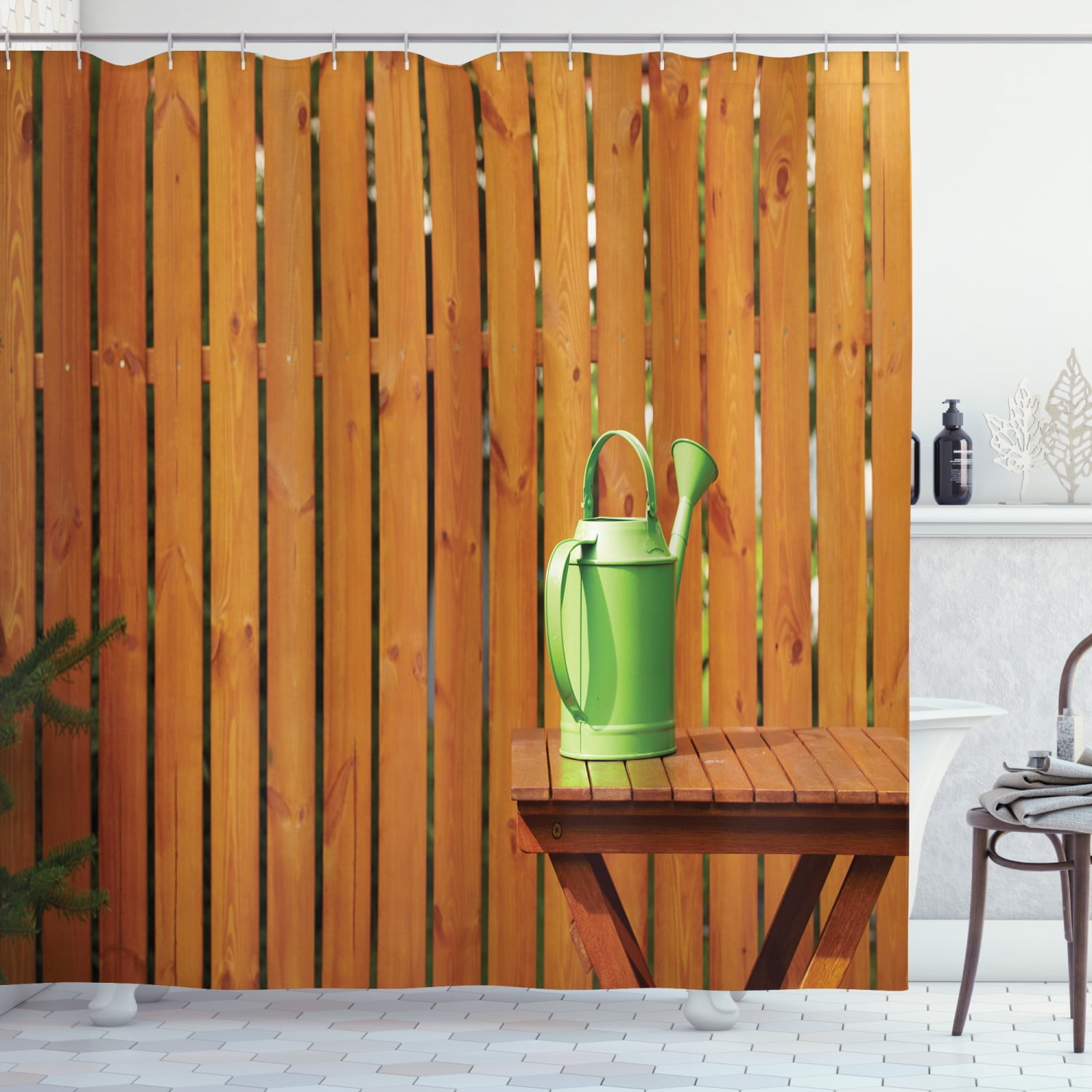 Fence Shower Curtain, Gardening Theme with Watering Can Autumn Patio ...