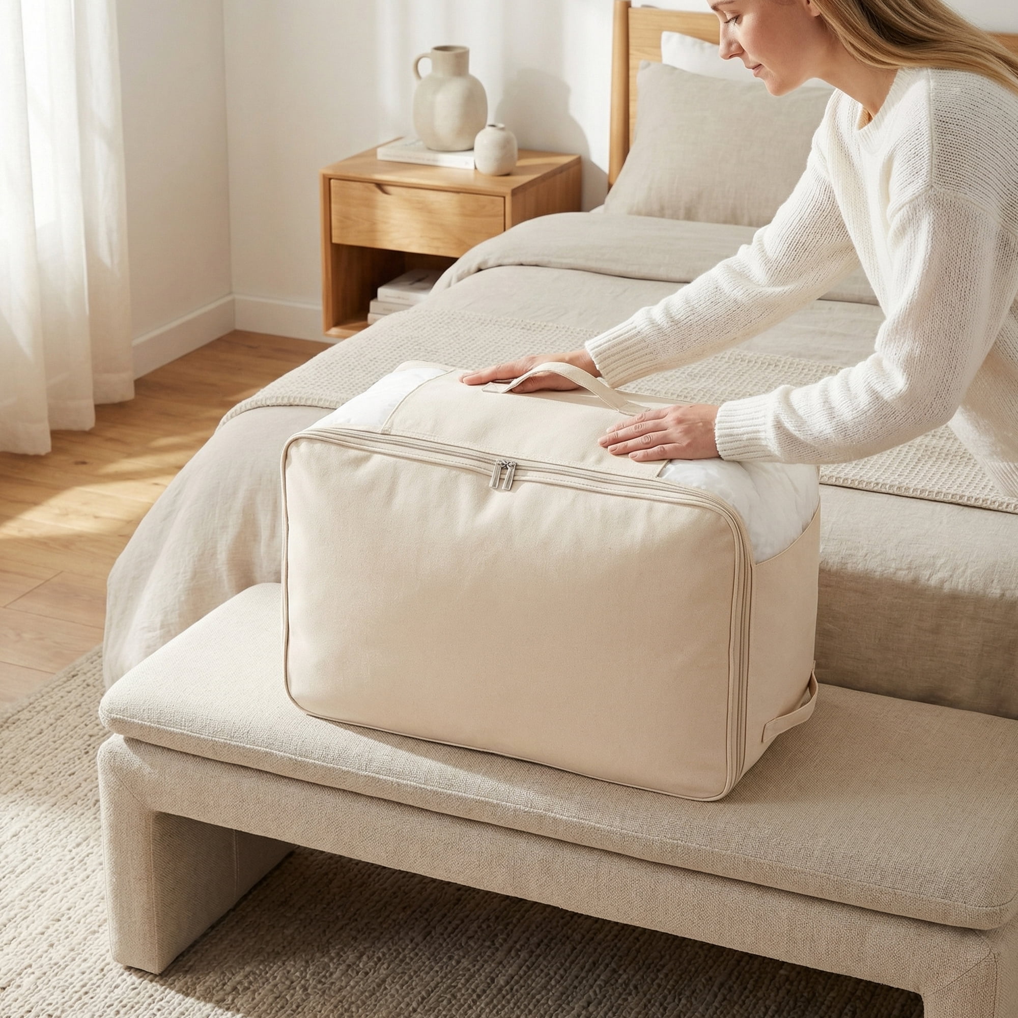 Unique Bargains Foldable Clothing Storage Bag for Comforters Beige 21.3"x12.6"x7.9"
