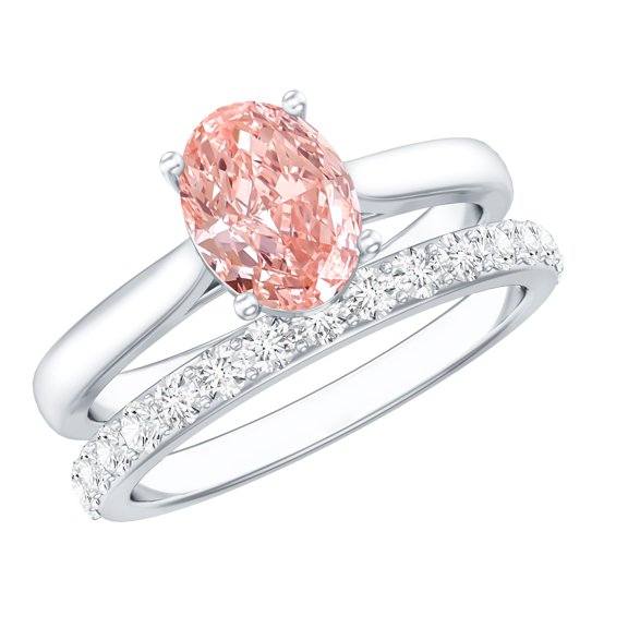Rosec Jewels 1 Carat IGI Certified Lab Grown Pink Diamond Engagement Ring with Band - VS1 Quality, 925 Sterling Silver, US 4.00