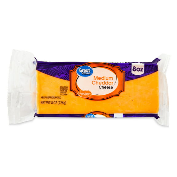 Great Value Block Medium Cheddar Cheese, 8 oz (Plastic Packaging)